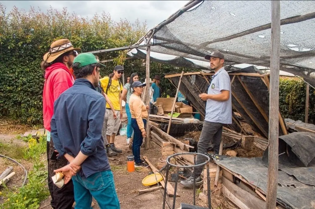 Enseñanza de lombricultura a un grupo de visitantes bajo malla sombra