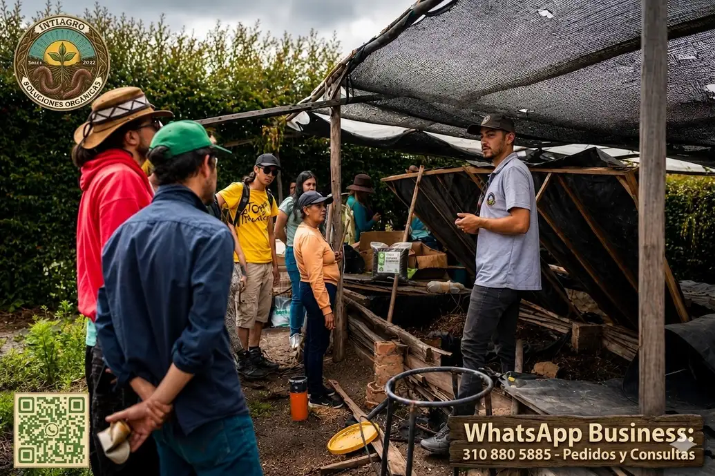 Camas de lombricultura de Intiagro durante una explicación del proceso